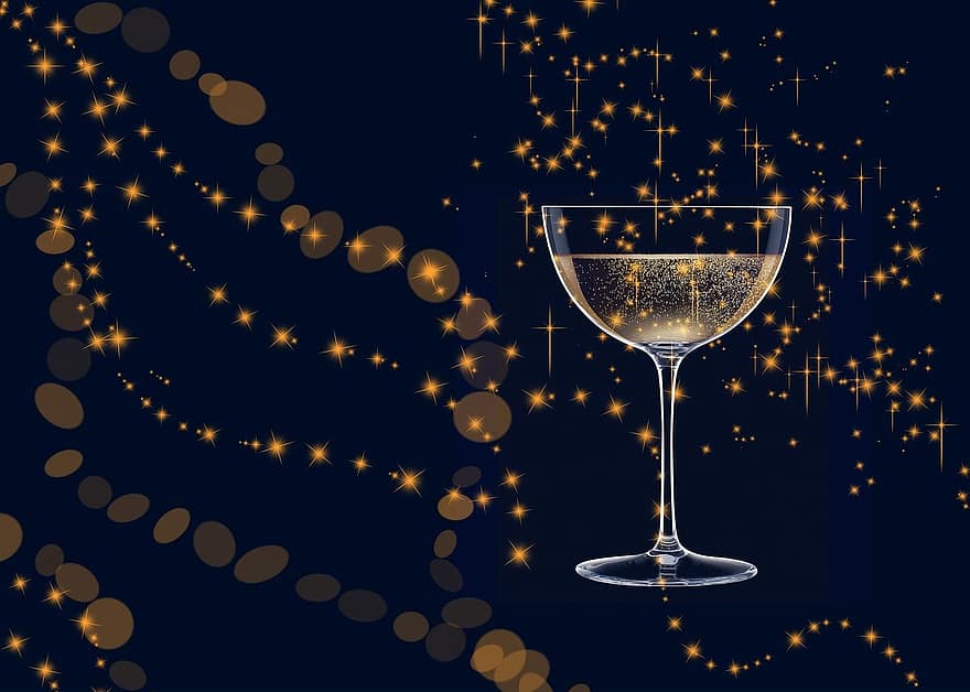 achtergrond, Champagne, glas, schitteren, viering, nieuw jaars, vakantie