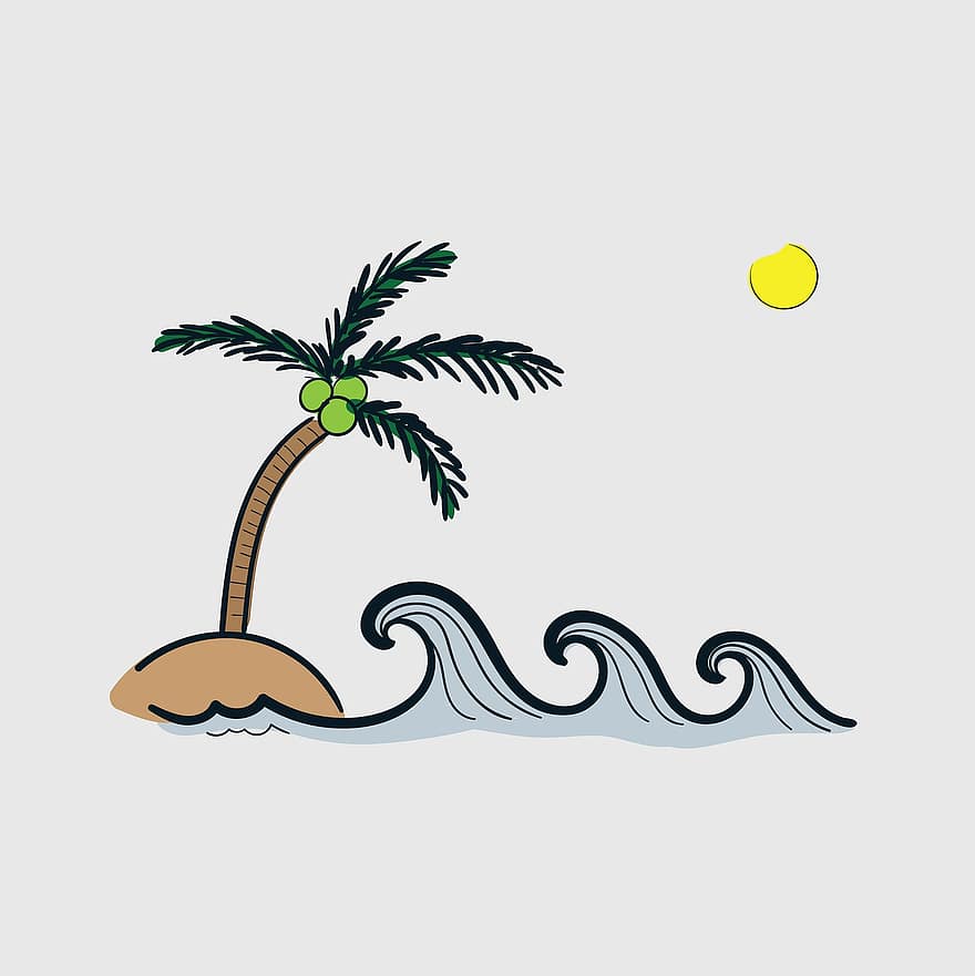 Sea, Waves, Island, Sun, Sunlight, Palm Tree, Tropical, Ocean, Water, Beach, Outdoors