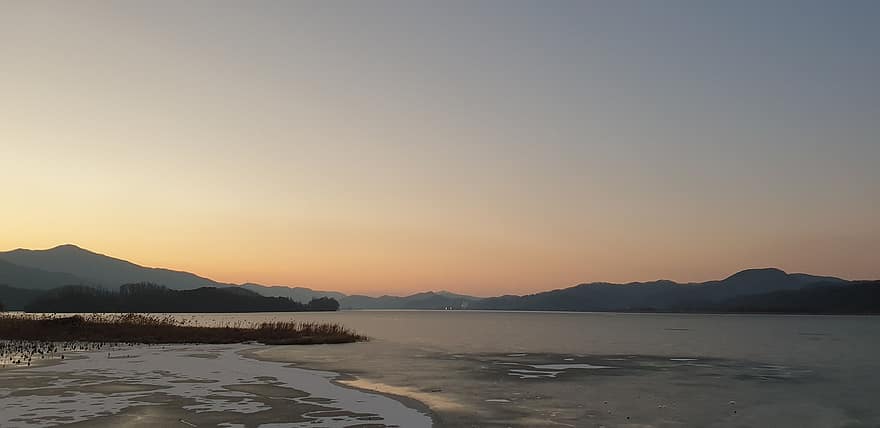 folyó, téli, Dumulmeori, Yangpyeong, napnyugta, természet, víz, hegyek, Látvány, szürkület, nyári