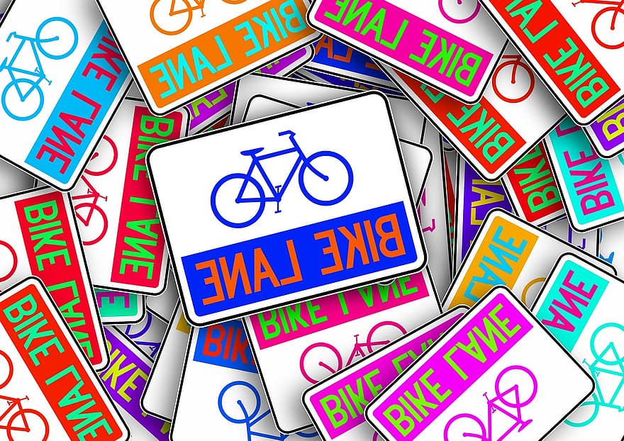 자전거, 자전거 경로, 방패, 노트, 화려한, 색깔, 환경, 운동, 유동성, 도시 교통, 교통