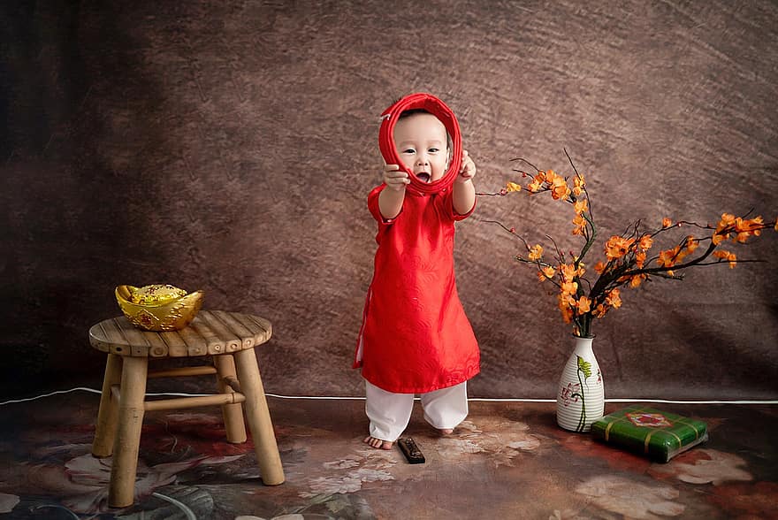 vaikas, tradicinis kostiumas, aodai, kūdikis, jauni, bamblys, tet, Tết Nguyên đán, Vietnamo naujieji Mėnulio metai, vietnamiečių, Vietnamas