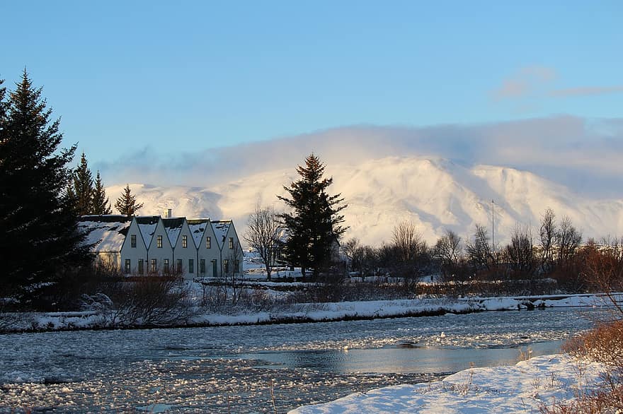 아이슬란드, 산, 눈, 얼음, 경치, 물, 흐름, 하늘