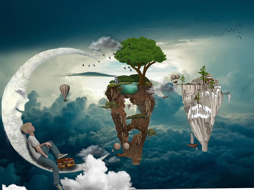 lluna, contes de fades, mons, noi, llibres, arbres, ocells, cel, fantasia, Conte de fades, atmosfera