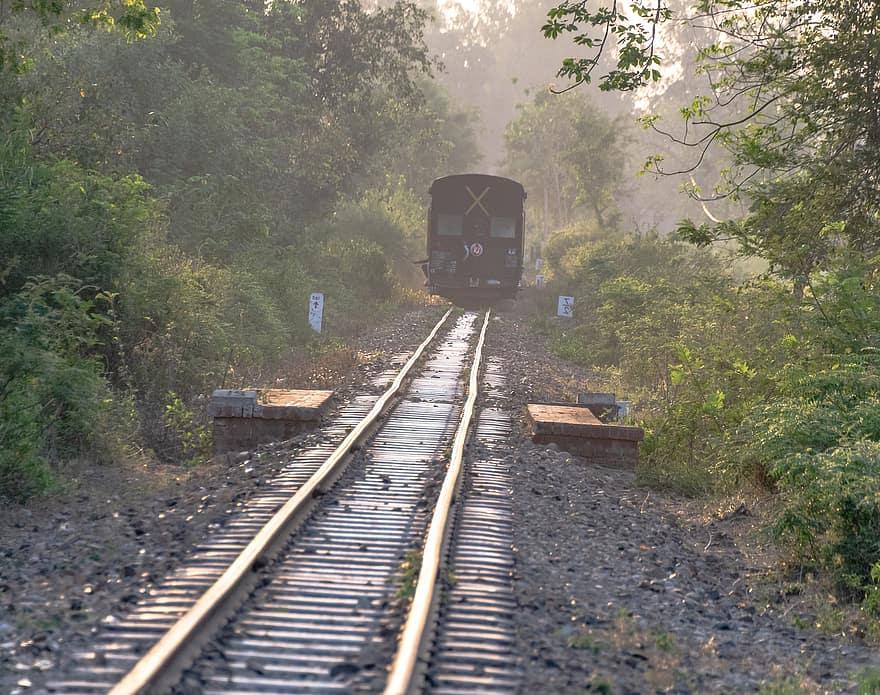 trein, spoorweg, locomotief, vervoer-, Indiaanse spoorweg, platteland, landelijk, vroege morgen, ochtend-
