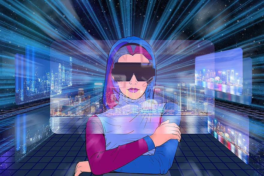 Metaverso, realidade virtual, mulher, virtual, espaço, mundo, Praça da cidade, nuvem, realidade, comunidade, digital