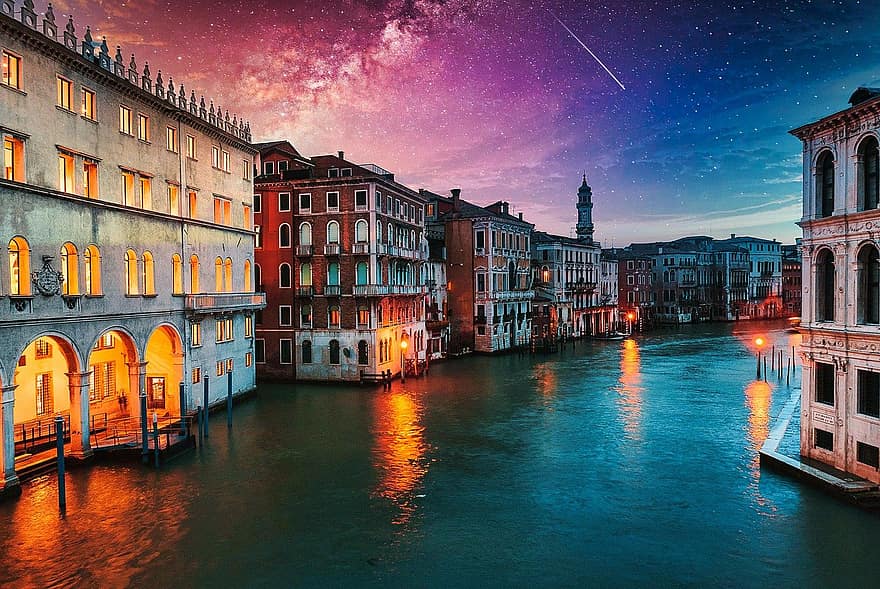 himmel, landskap, bakgrunn, bakgrunns, kanal, turisme, reise, vannvei, Venezia, Italia, natt