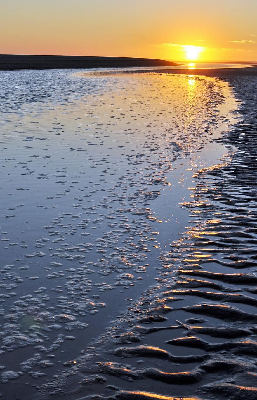 zonsondergang, strand, zand, zee, kust-, kust, kustlijn, zanderig, zandstrand, reflectie, water reflectie