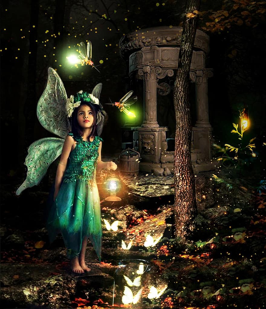 fe-, flicka, liten flicka, fe vingar, lampor, upplyst, mystisk, fantasi, overkligt, magi, magisk