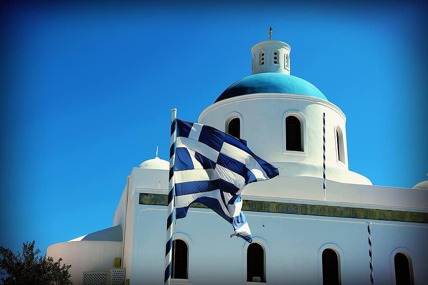 ギリシャ、教会、旗、イア、サントリーニ、旗竿、国旗、青と白の旗