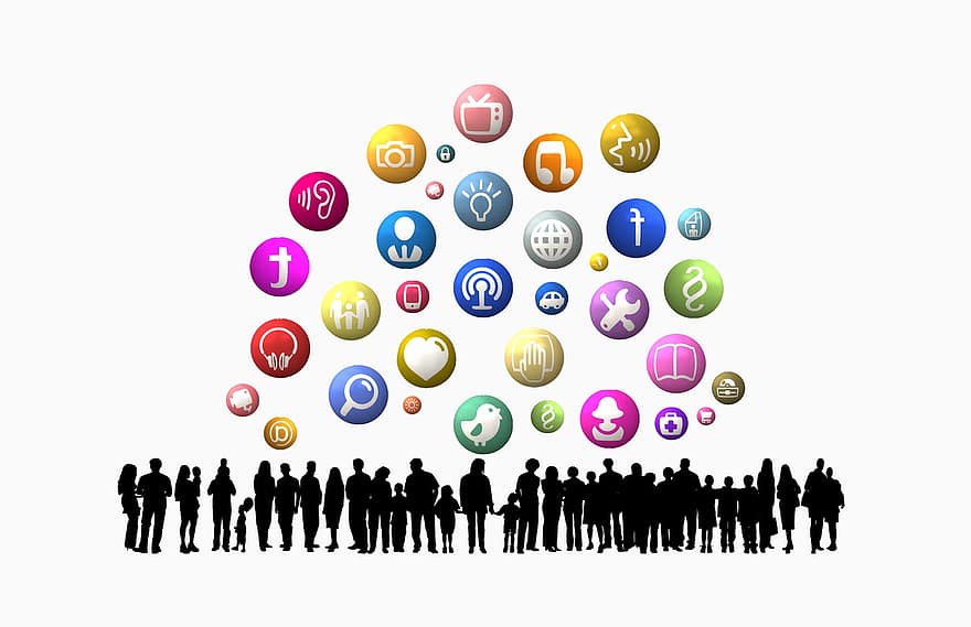 člověk, siluety, sítí, Internet, sociální, sociální síť, loga, Facebook, Google, vytváření sítí, sociální média