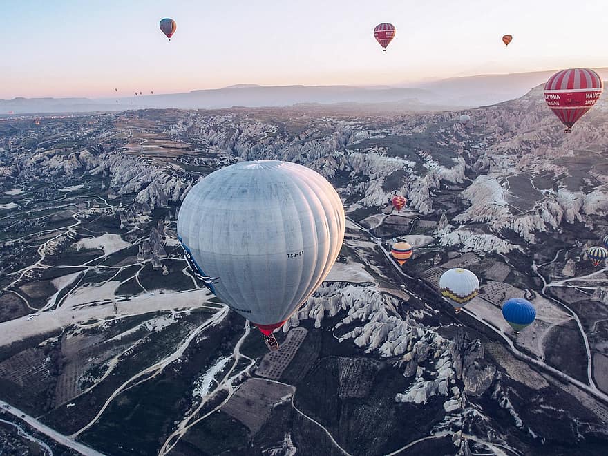 ballonger, luftballong, dal, landskap, cappadocia