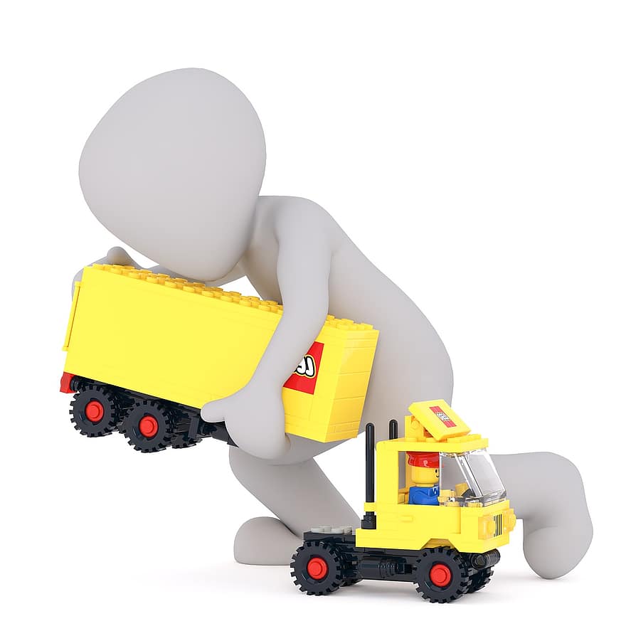 Lego, vrachtauto, speelgoed, spelen, vrachtwagenchauffeur, beroepen, blanke man, 3d model, geïsoleerd, 3d, model-