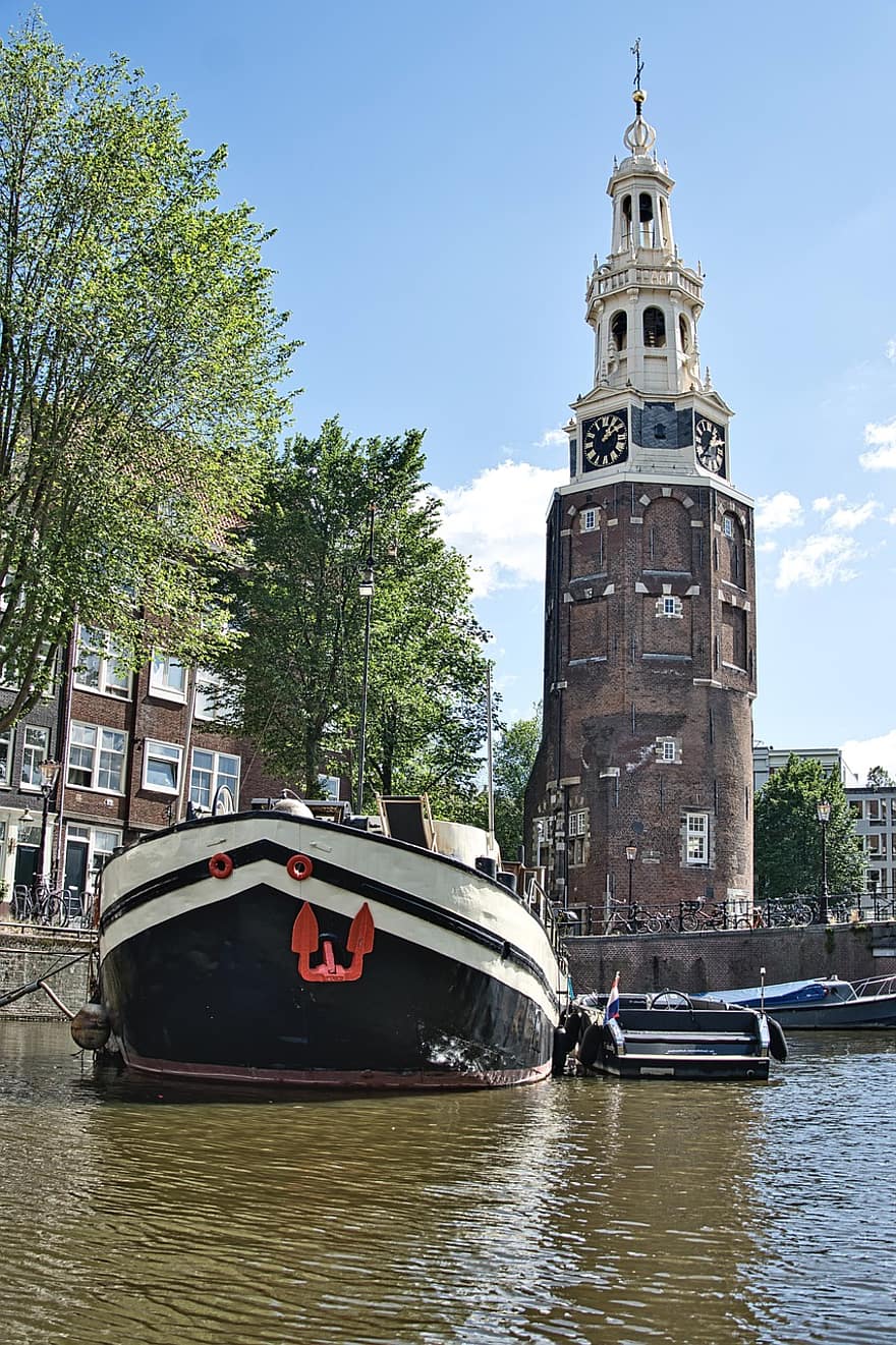 運河、タワー、ランドマーク、ハウスボート、アムステルダム