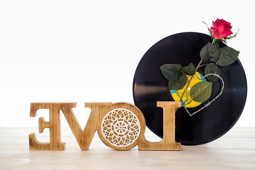 bord, record, vinyl, liefde, roos, hart-, audio, muziek-, wijnoogst
