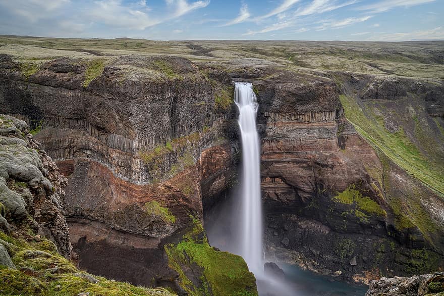 滝、高原、山、ハフォス、アイスランド、峡谷、ゴージャス、風景、自然