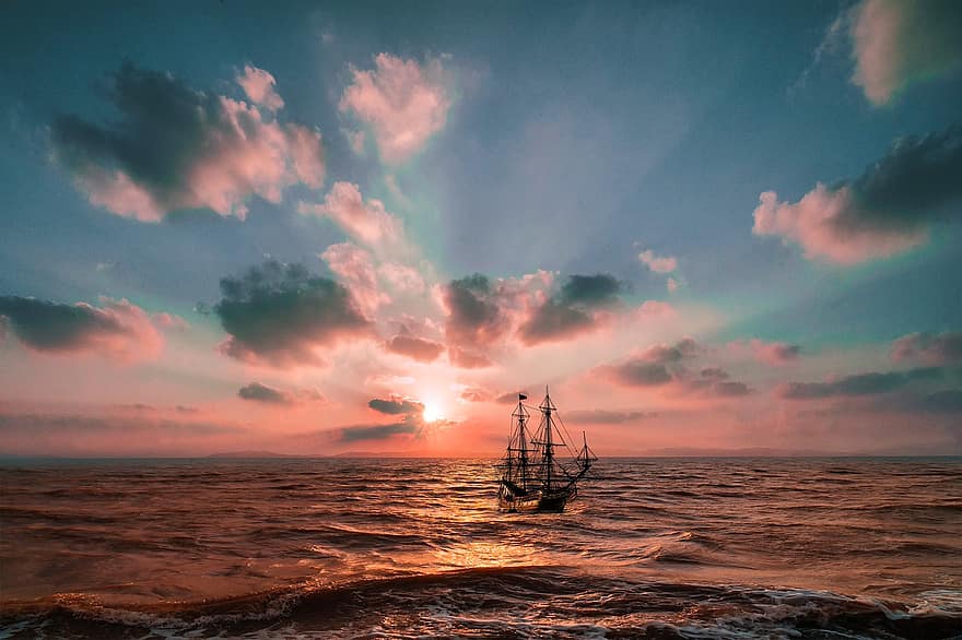hajó, tenger, hullámok, napnyugta, ég, felhők, nap