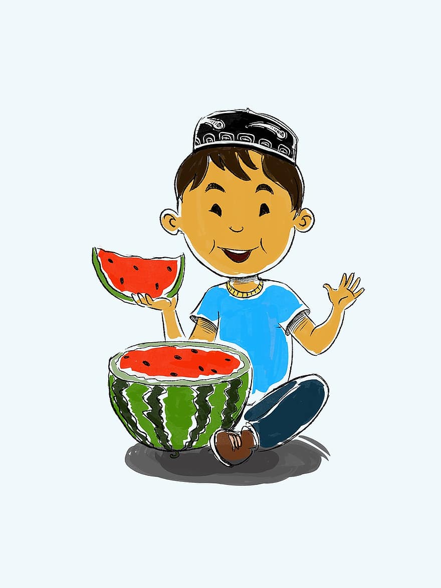barn, vandmelon, lykkelig, spise, frugt, asiatisk, usbekisk, dreng, ung, barndom, nuttet