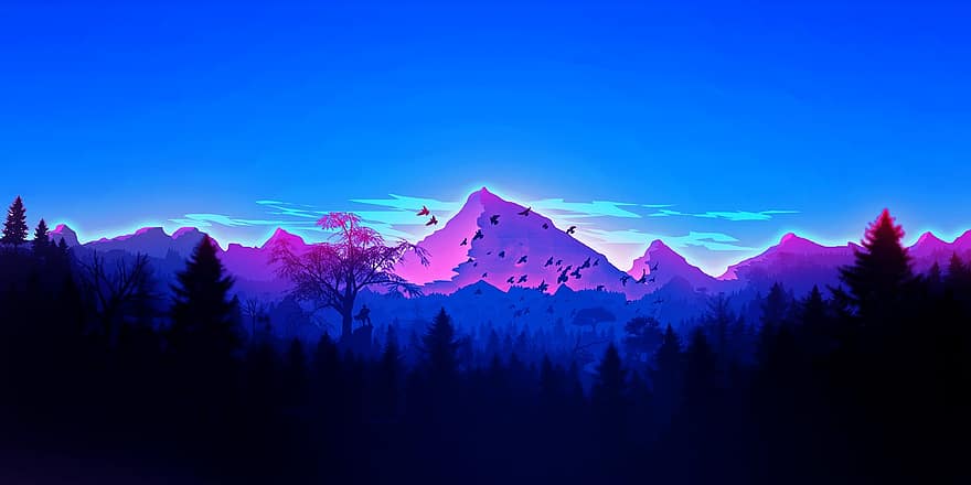 bergen, panorama, skog, berg, natur, illustratör, mörk, natt
