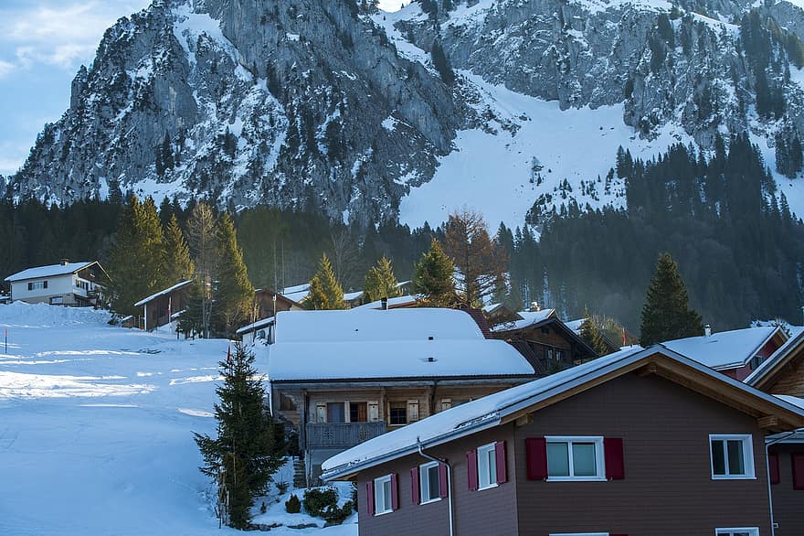những ngôi nhà, làng, mùa đông, tuyết, dấu chân, trượt tuyết, alps, thị trấn, brunni, bang schwyz, Thụy sĩ
