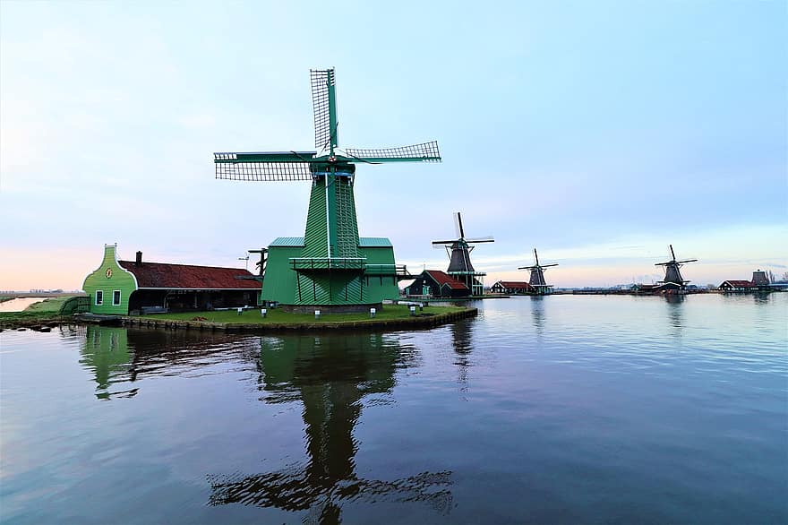 molinos de viento, zaanse schans, río, Países Bajos, amsterdam