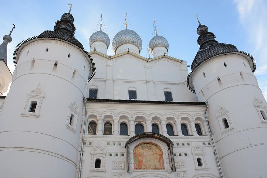 templis, ēka, rostovs, kremlis, velikiy, baznīca, vēsturiska, fasāde, arhitektūra, reliģiju, kupoli