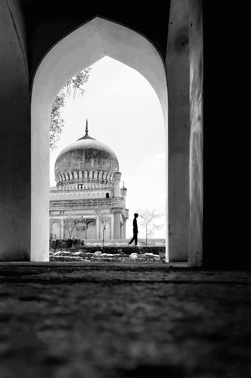 tomba, cimitero, Hyderabad, BNW, bianco e nero, silhouette, uomini, uomo, architettura, religione, culture