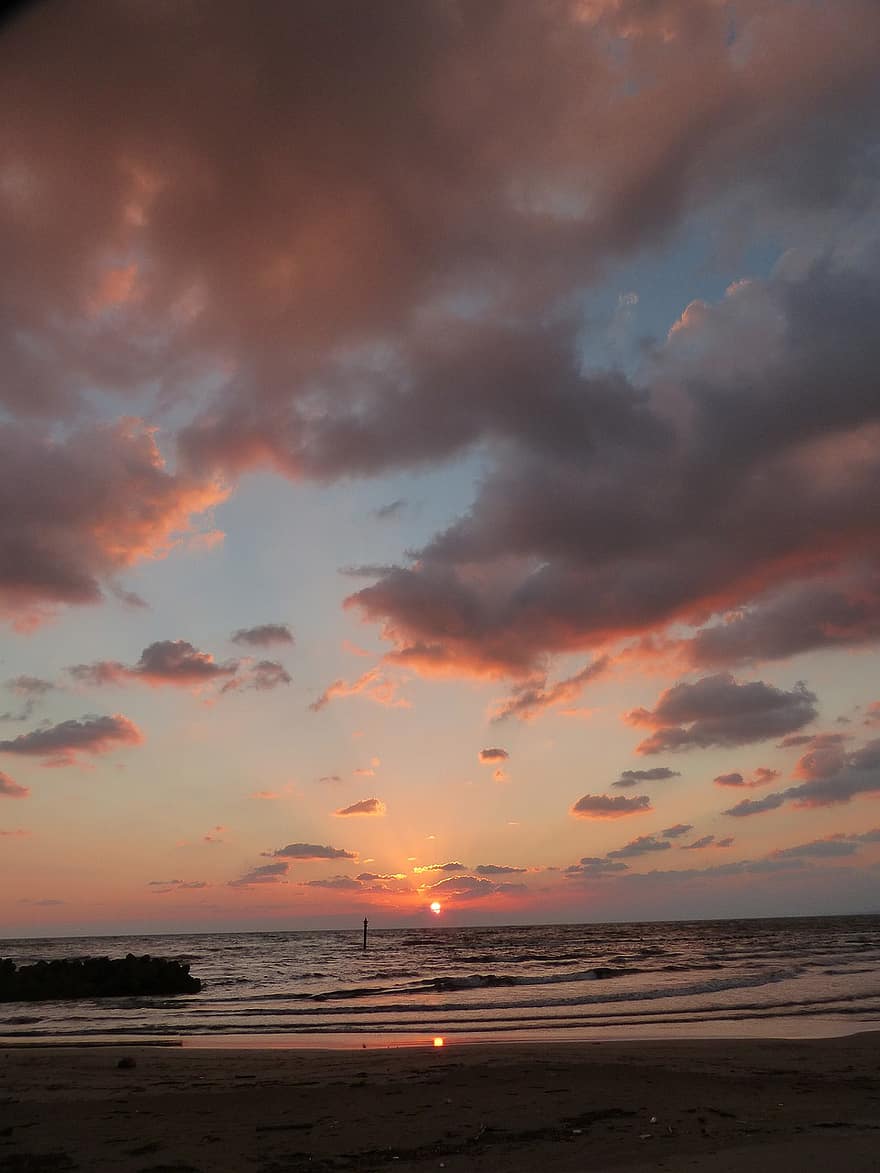 захід сонця, море, хвиля, небо, морський пейзаж, Пляж Інаса