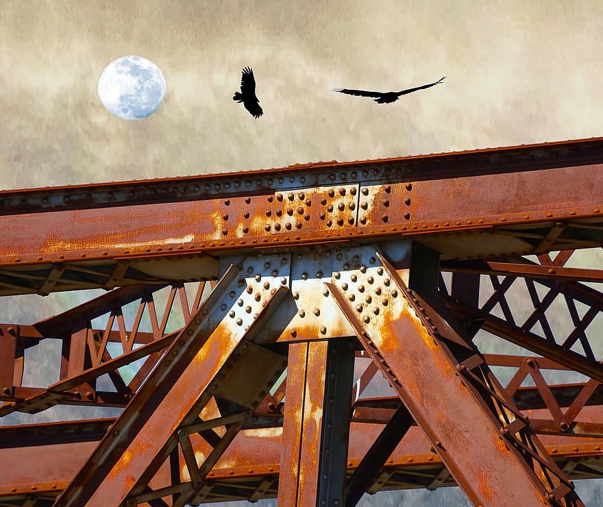 鋼桁、電車橋、さび、錆びている、月、鳥、飛行、架台、線路、構造、夜