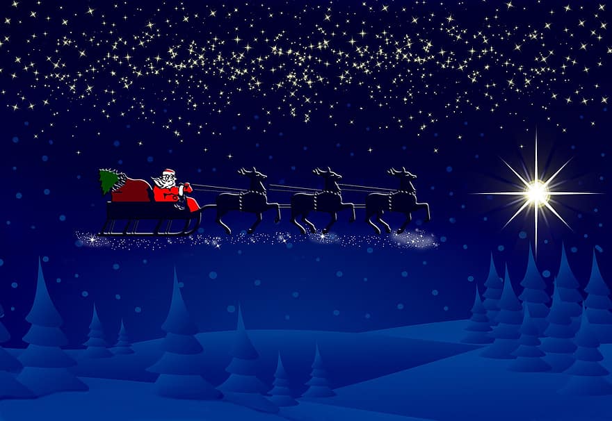 Christmas Motif, Wintry, Christmas, Dark, Santa Claus, Reindeer, Winter, Starry Sky