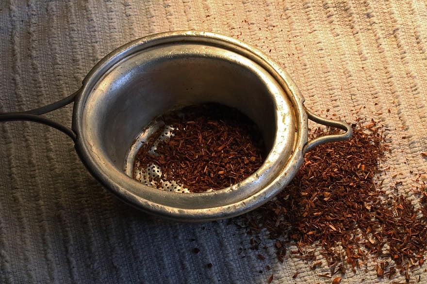 filtru de ceai, ceai, frunze de ceai uscat, Ceaiul Red Bush, a închide, băutură, cafeină, cafea, metal, lemn, cafea macinata