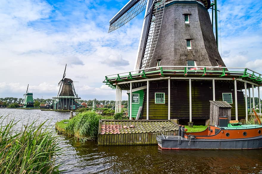 wiatraki, woda, kanał, Holandia, Europa