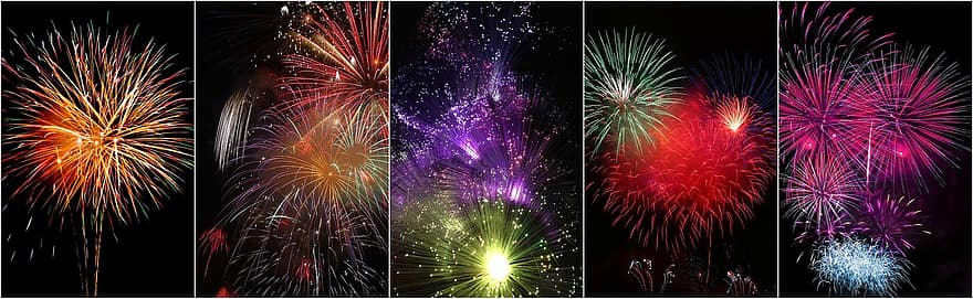 Tűzijáték kollázs, kollázs, tűzijáték, ünnep, megvilágítás, ünneplés