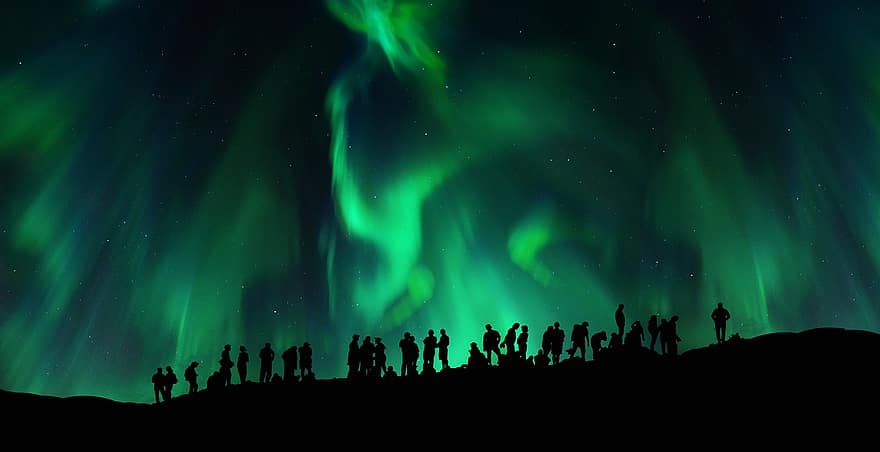 Ziemeļblāzma, aurora, gaisma, cilvēks, kopiena, sanāksmē, grupai, siluets, fona, naktī, vakarā