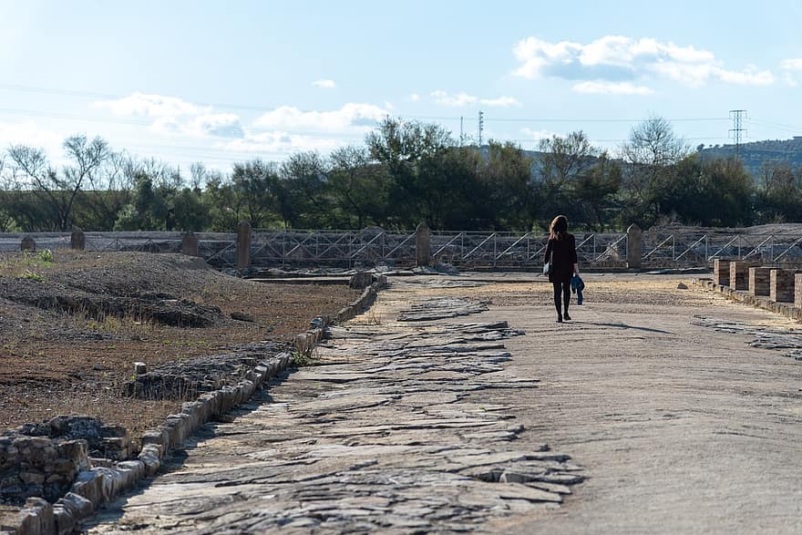 marche, ruines, romain, route, femme, chemin, paysage, la nature, Espagne, italique, Hommes