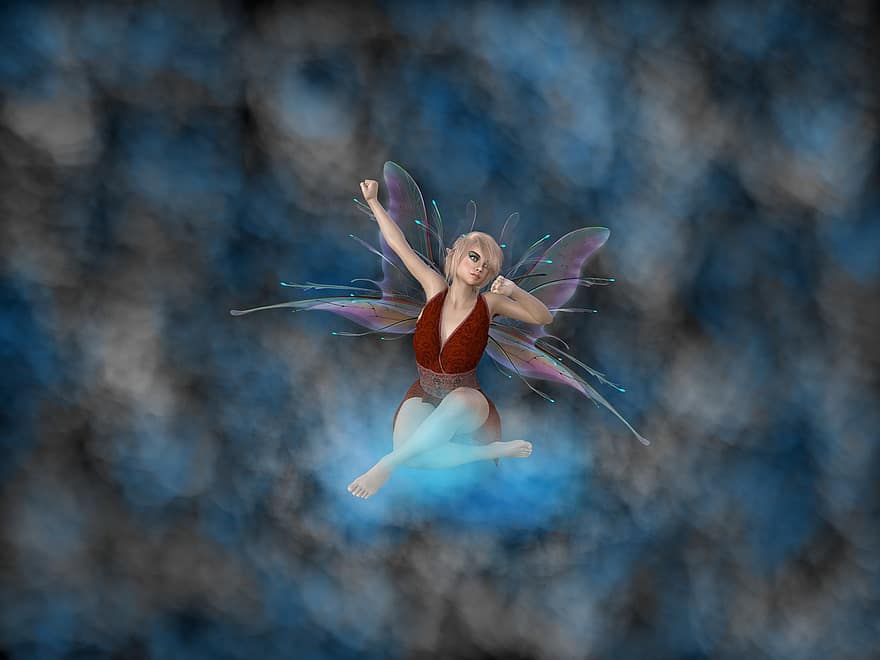 Fantasy, Fairy, Clouds, Sky, Woman, blue, multi colored, close-up, fish, underwater, flying
