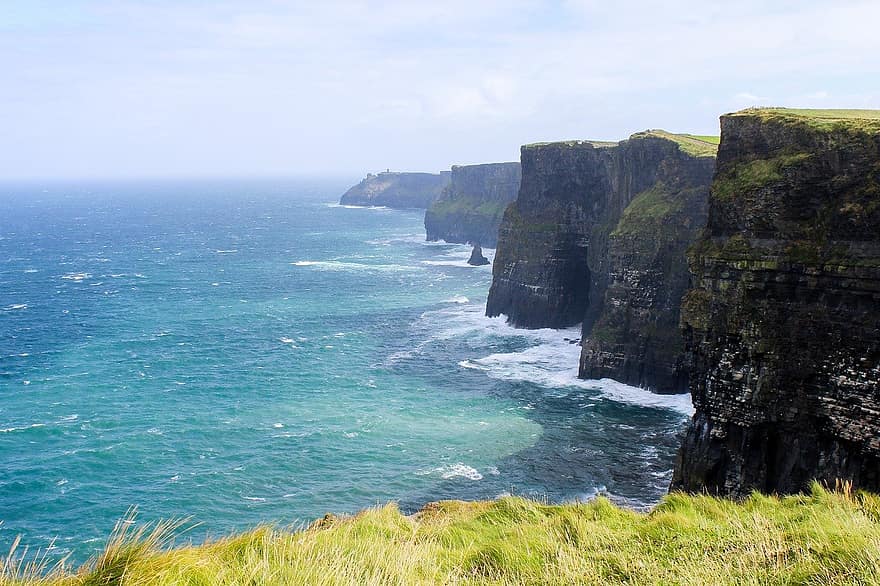 Скалы Мохер, утес, море, Ирландия, Мор, берег, природа, океан, волны, декорации, береговая линия