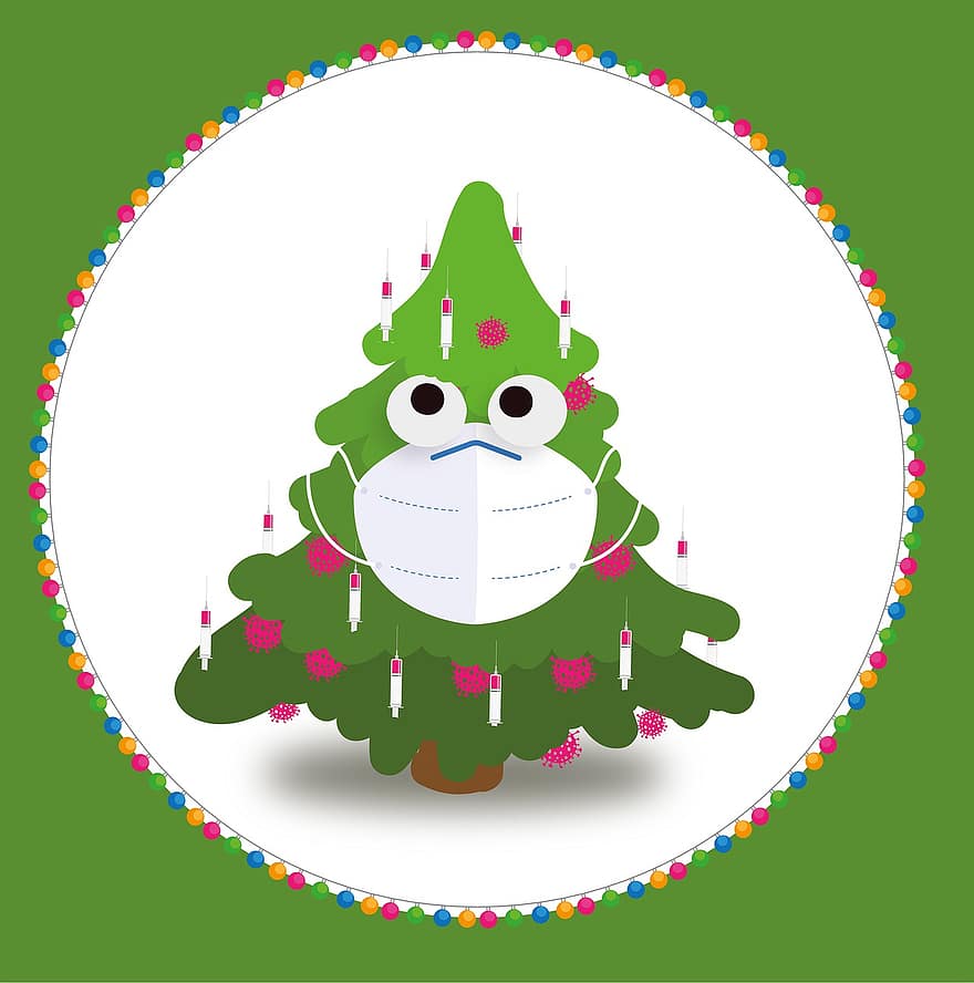 abeto, árbol de Navidad, máscara, velas, inyección, virus, bolas, divertido, linda