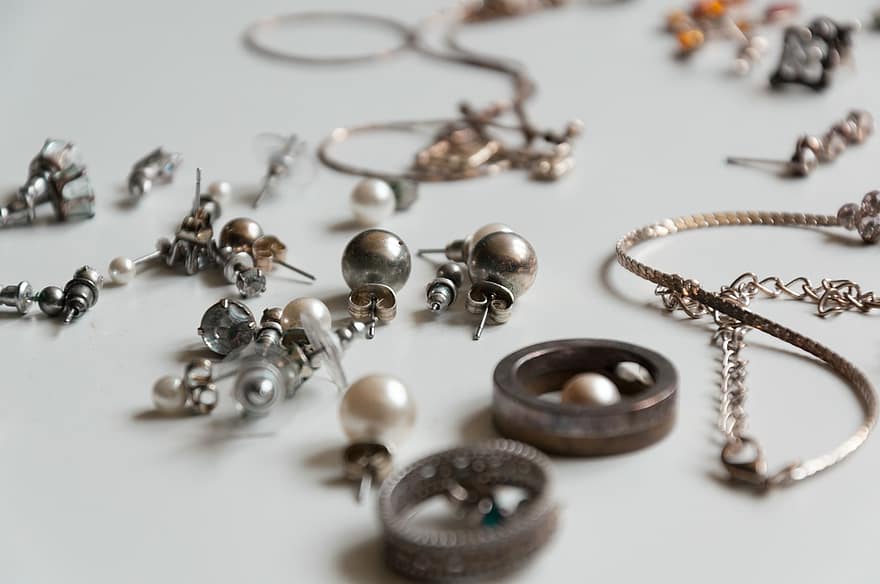 smykker, sølv, øreringe, kollektion, metal, tæt på, udstyr, makro, baggrunde, industri, metallisk