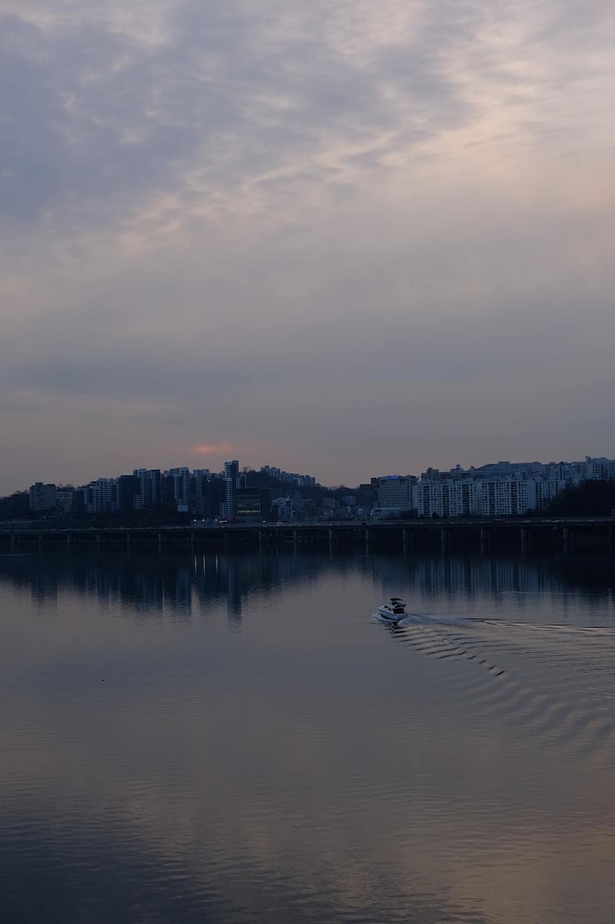 Хан Ривер, лодка, небо, река, сеул, Республика Корея, Корея, путешествовать, исследование, облака, воды