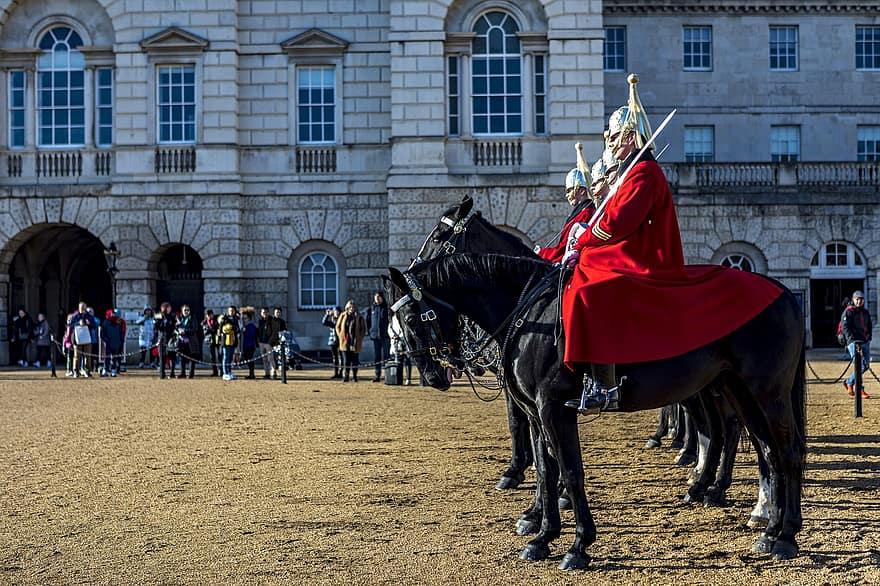 apsauga, karališkas, arklys, arklinių šeimos gyvūnai, apranga, ceremonija, Londonas, Anglijoje, žiemą, g, Džeimso parkas