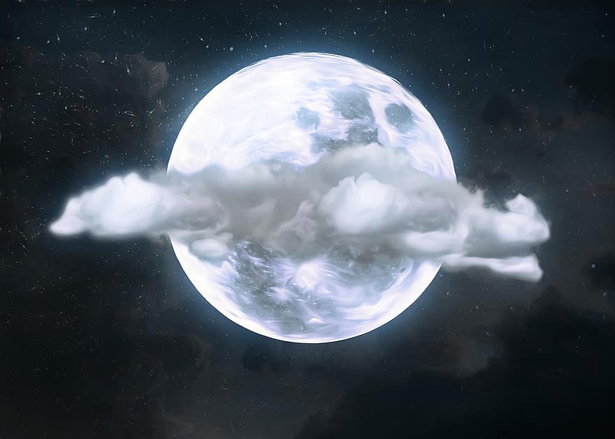 måne, natt, lysande, månsken, stjärnor, moln, mystisk, fantasi, lunar, nattetid, sci-fi