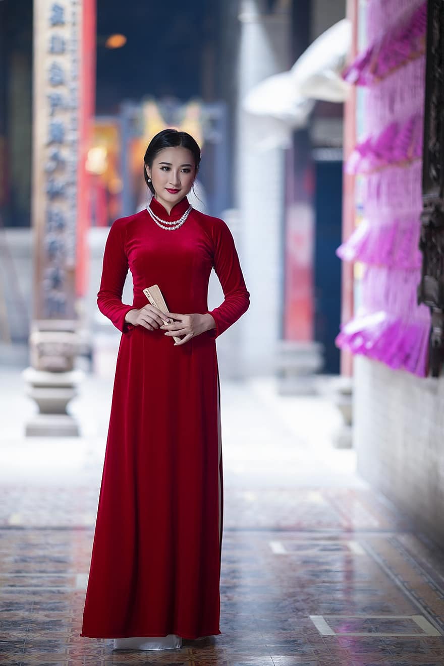 ao dai, moda, dona, vietnamita, Red Ao Dai, Vestit nacional del Vietnam, ventall, tradicional, vestit, estil, bellesa
