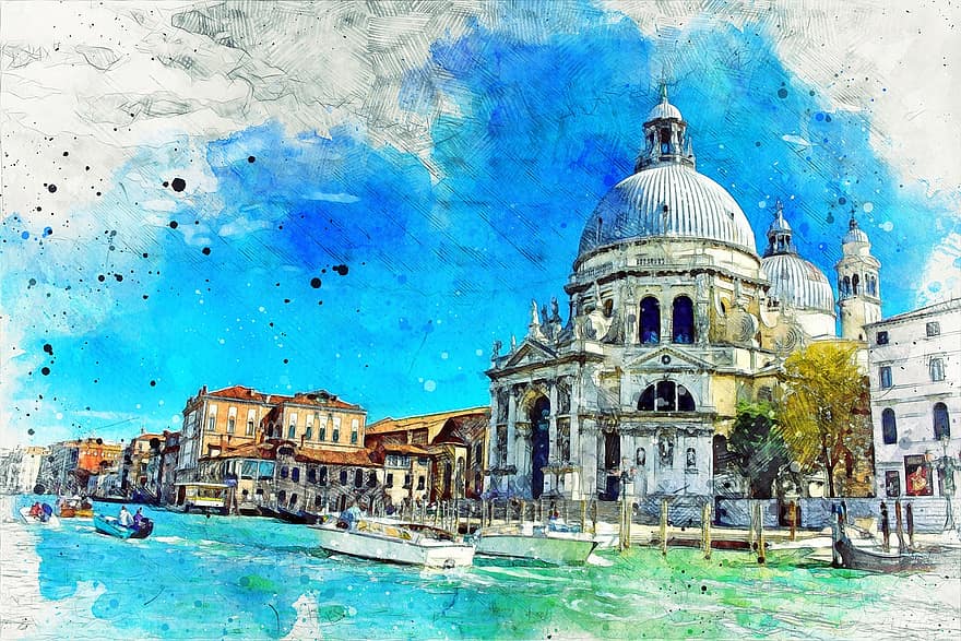 ヴェネツィア、イタリア、サンタマリアデッラサルー​​テ、教会、チャネル、大運河、アートワーク