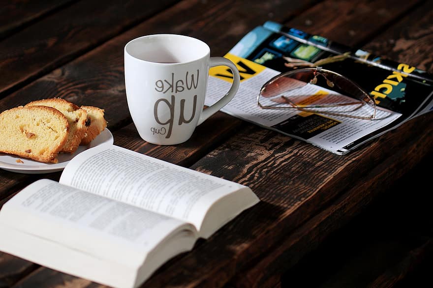 kava, maisto, knyga, skaityti, gerti, puodelis, tortas, arbata, gėrimas, malonumas, atsipalaidavimas