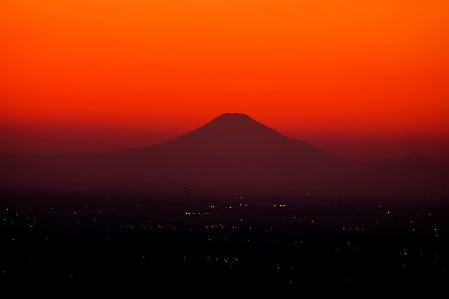 vuori, luonto, auringonlasku, Japani, Fuji, hämärä, ulkona, matkustaa, maisema, siluetti, yö-