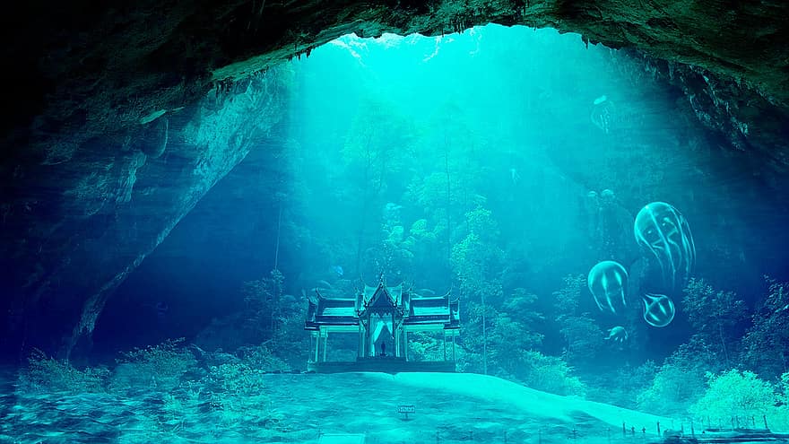 sota l'aigua, cova, blau, meduses, animals, aigua, caverna, busseig, la vida marina, aquàtics, descobrir