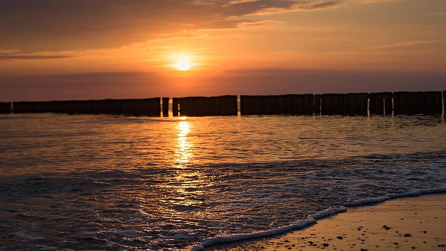 Sunset, Romantic, Sea, Baltic Sea, North Sea, Mecklenburg, Germany, Beach, Love, Vacations, Ocean