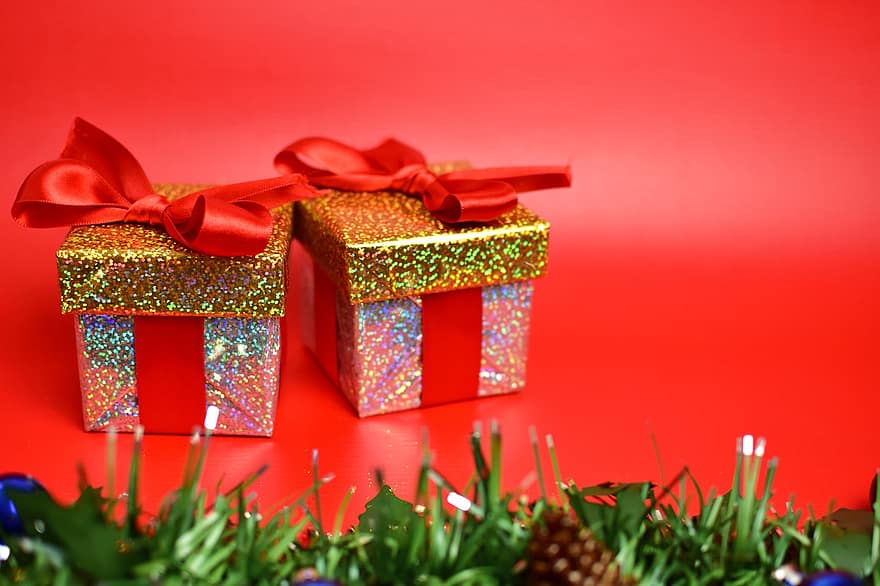 подаръци, празненство, панделка, венец, Коледа