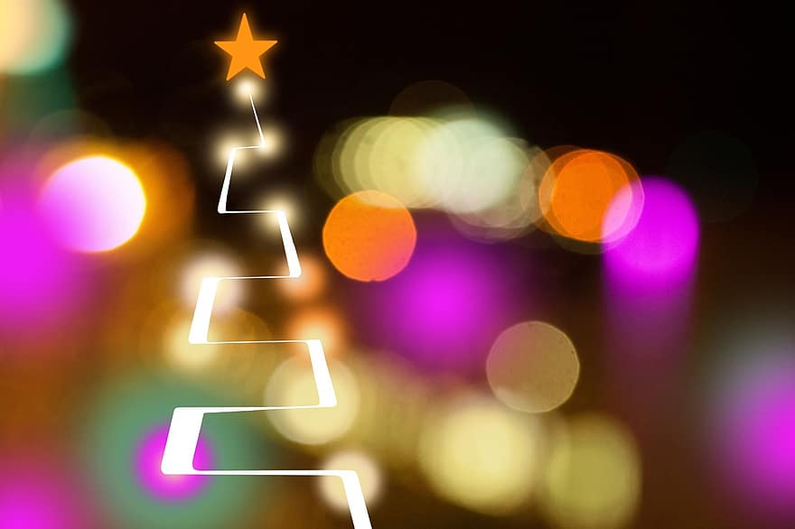 karácsonyi kártya, újévi kártya, karácsonyi díszek, elhomályosít, Lámpák, csillag, dekoráció, rózsaszín, zöld, narancs, sárga