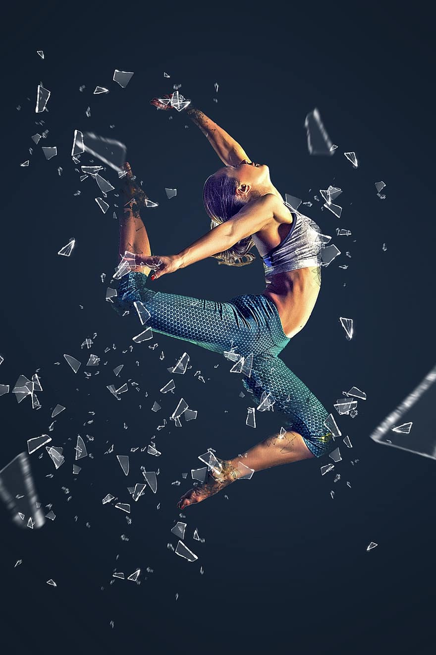 Woman, Girl, Jumping, Dancing, Female, Human, Person, Fitness, Sport, Shattered, Glass